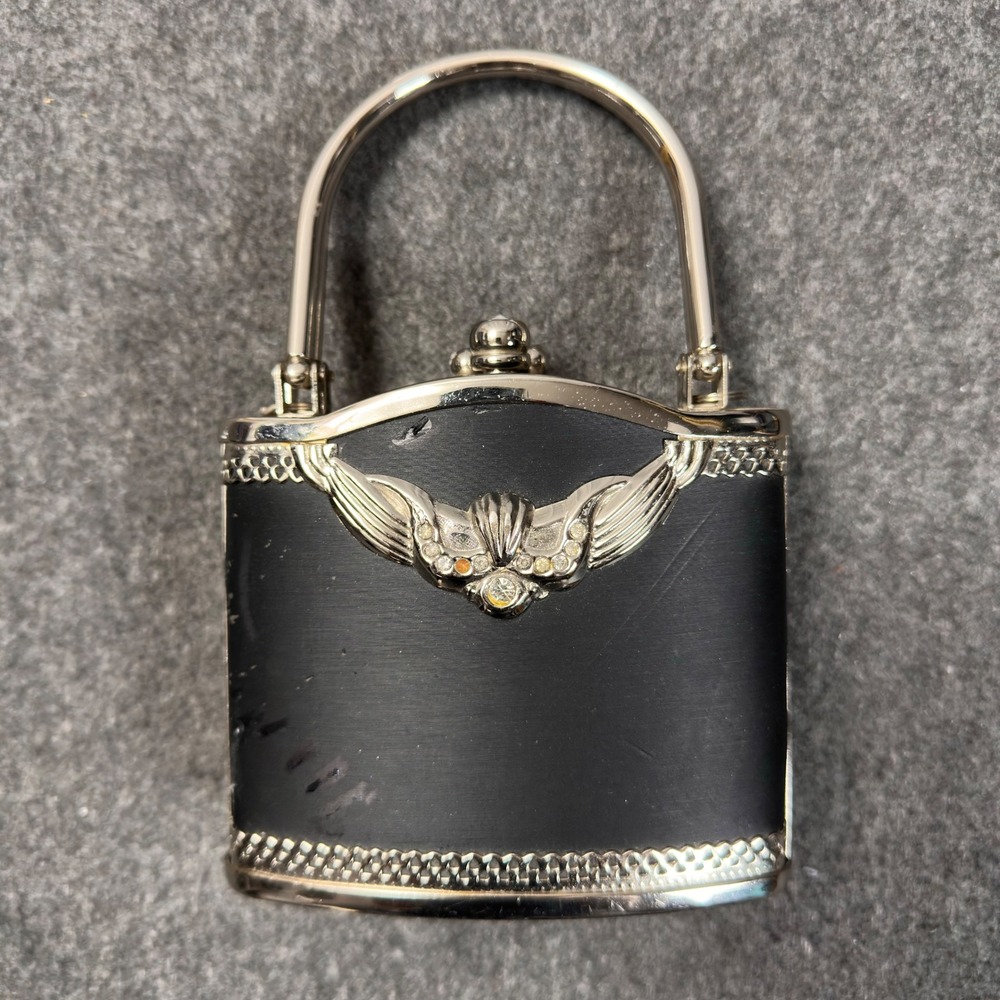 Vintage Art Deco Rhinestone Mini Top Handle Bag Black Silver Kiss Lock Evening